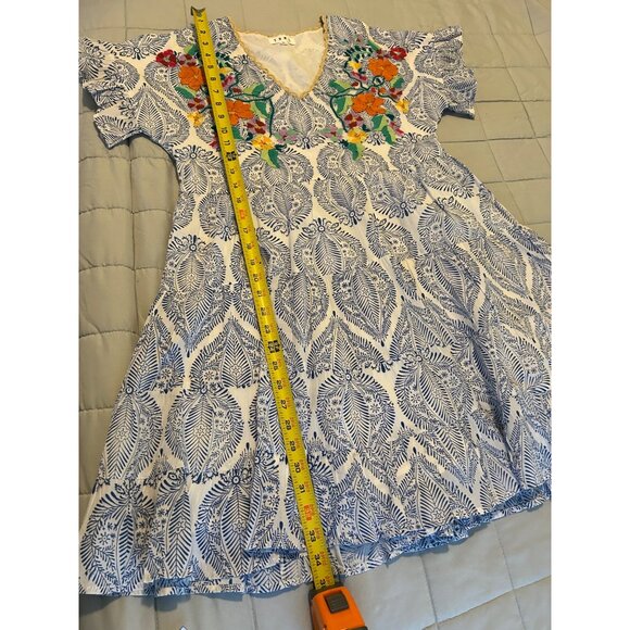 THML Dress Womens XS Blue White Embroidered Floral Ruffle Sleeve Boho Cottagecor - Picture 4 of 13